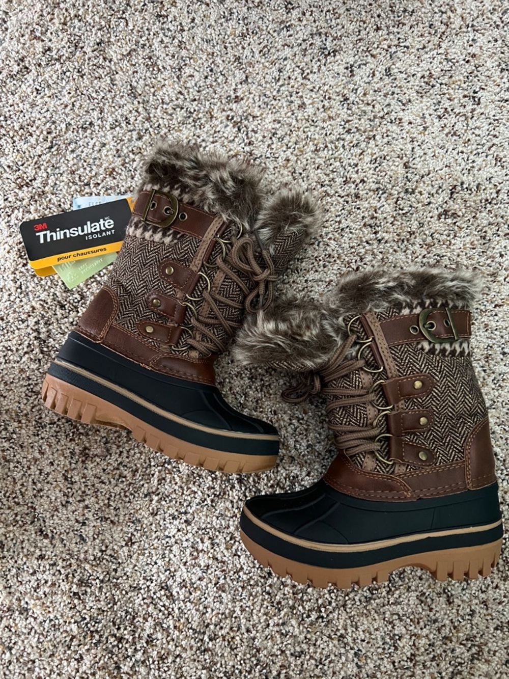 Dream Pairs Brown and Black Kids Snow Boots with Faux Fur Trim